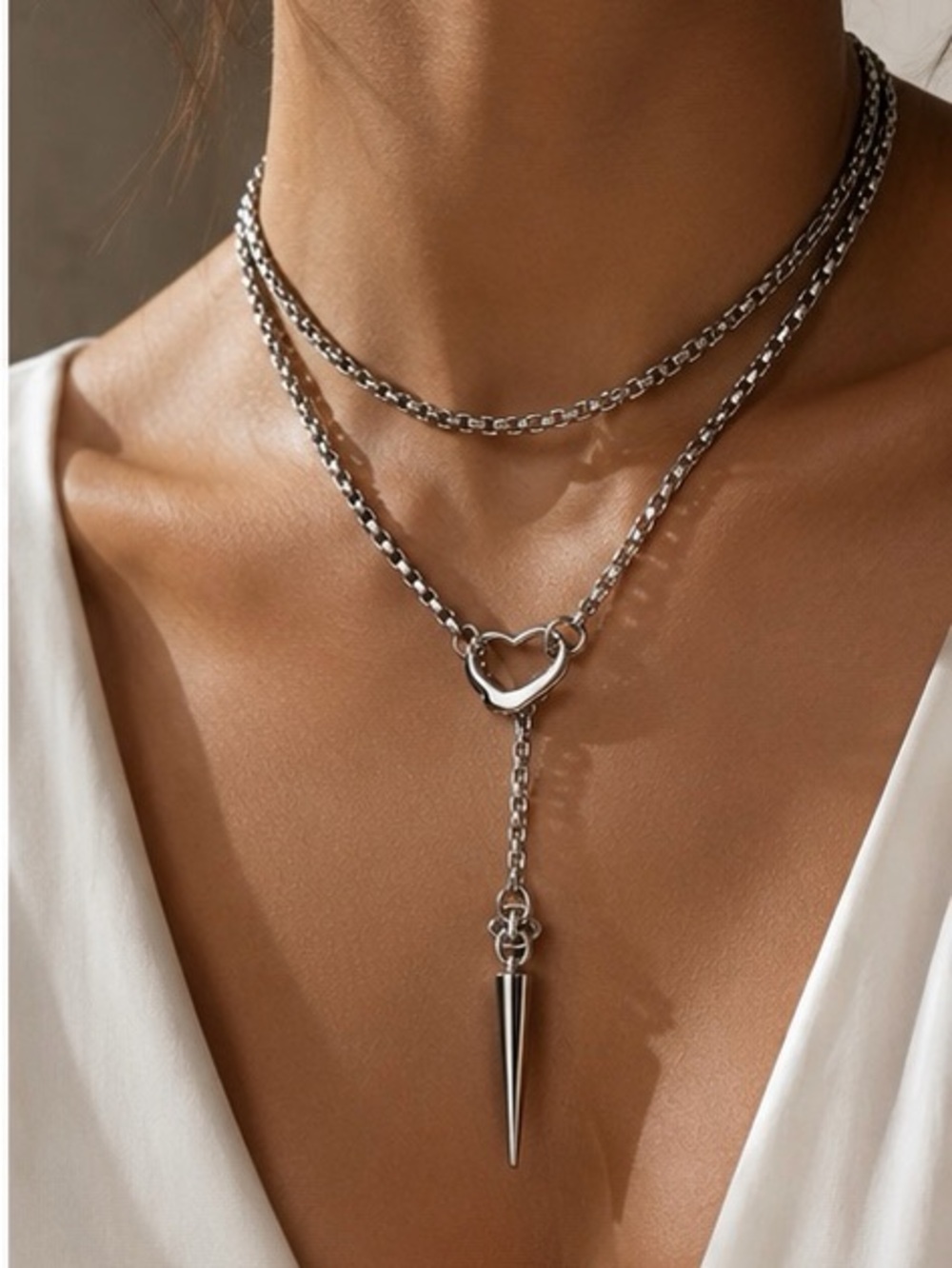 Modern Silver Heart Chain Necklace Sculptural Lariat with Spike Pendant